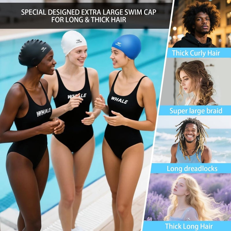 Whale Extra Large Swim Cap for Women Men Non-Slip, High Elasticity Keeps Hair Dry Unisex Large Size Suitable for Long Hair, Curly Hair and African Dreadlocks - Image 5